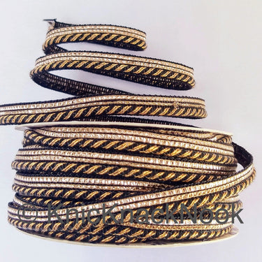 Wholesale Royal Blue / Black And Gold Stripes Piping Cord trim With Glitter Gold Piping, Approx. 10 mm wide, 9 Yards Trim